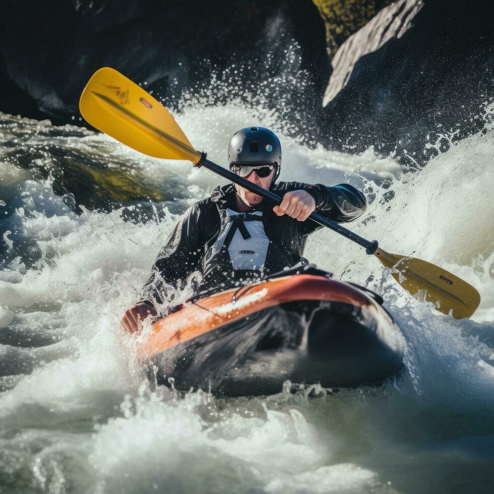 AI generated A kayaker navigating through rough white water rapids photo