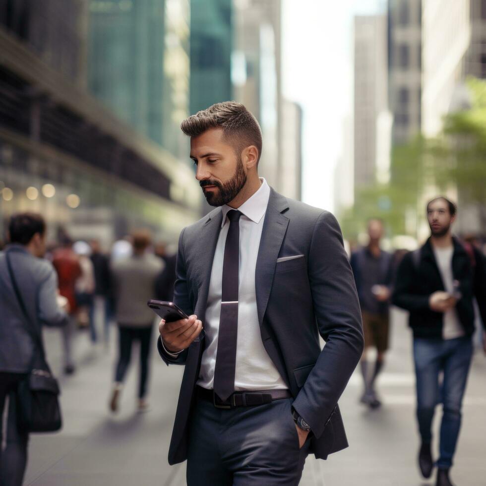 AI generated A man in a suit walking down a busy city street, looking at his phone with skyscrapers in background photo