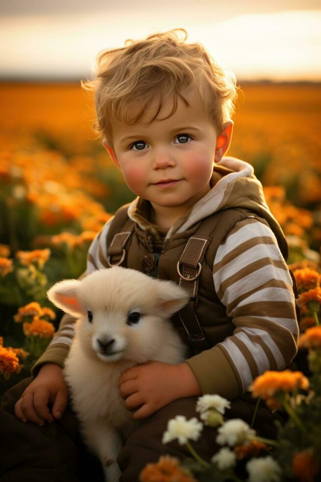 AI generated ittle boy sitting in a field of flowers with a baby lamb cuddled up next to him photo