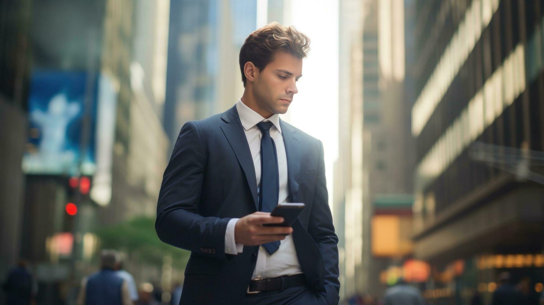 AI generated A man in a suit walking down a busy city street, looking at his phone with skyscrapers in background photo