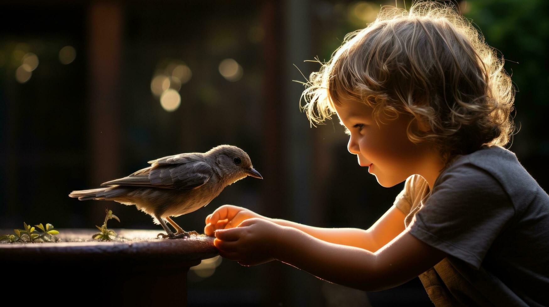 AI generated A heartwarming photo of a young boy feeding a baby bird with a dropper