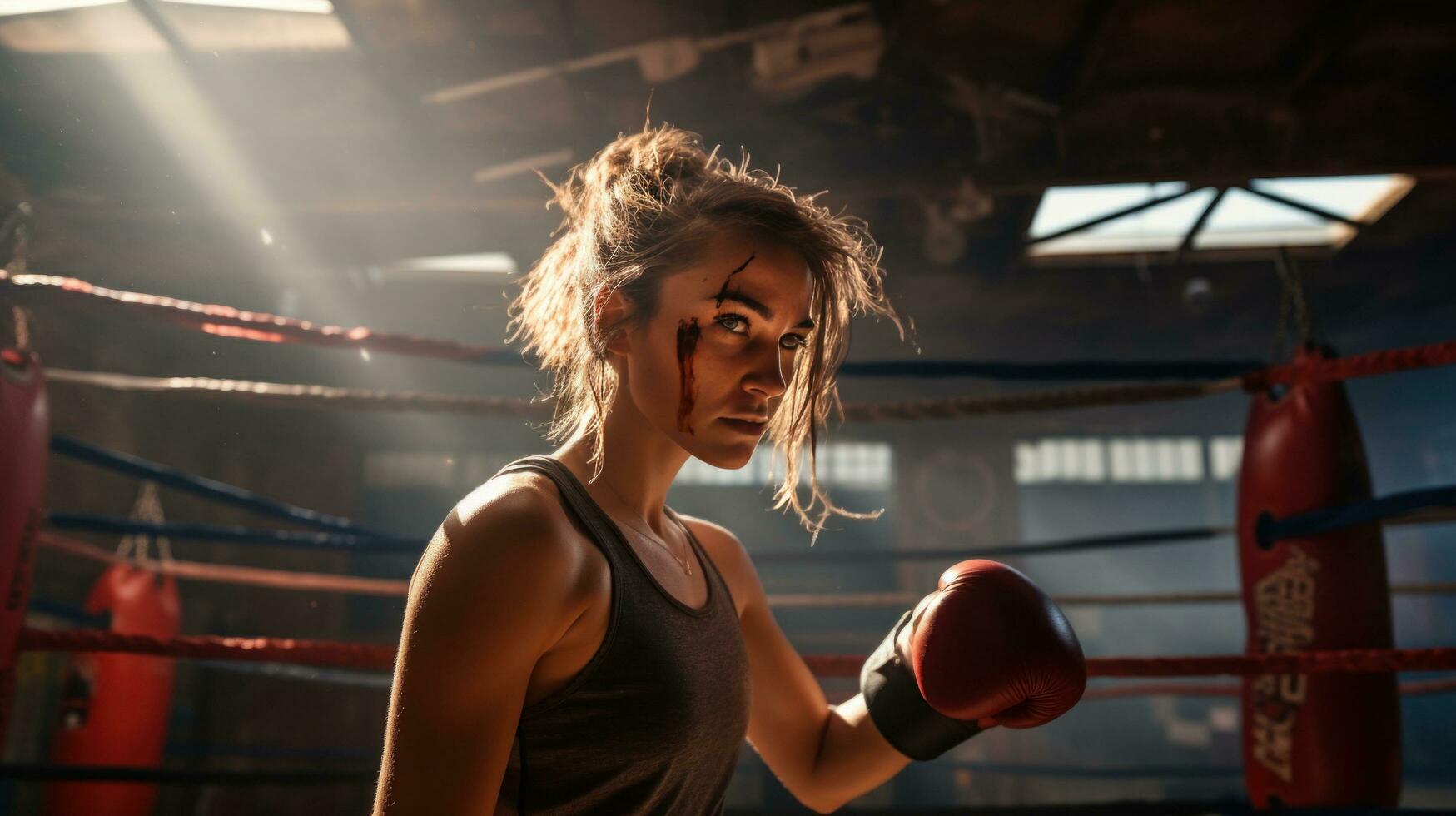 AI generated A woman boxing with a punching bag, with a gritty, industrial setting in the background photo