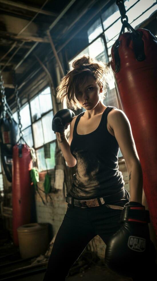 AI generated A woman boxing with a punching bag, with a gritty, industrial setting in the background photo