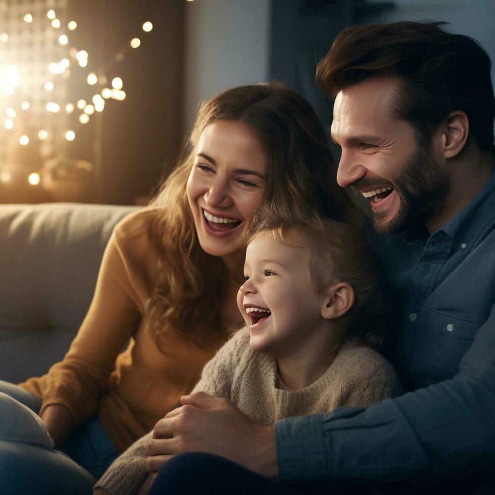 ai generado un joven familia de tres, con un bebé en el del padre brazos, acecho un comedia espectáculo en televisión foto