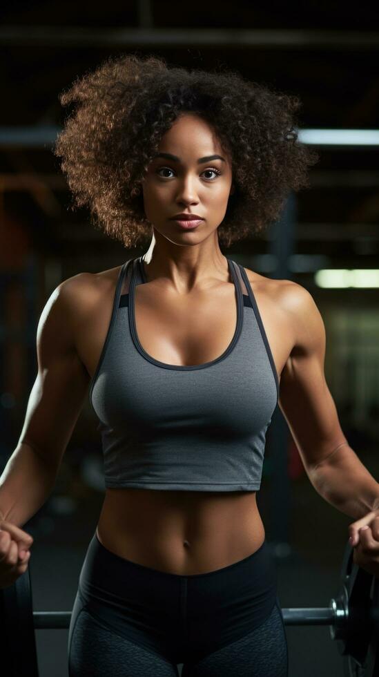 AI generated A woman in workout clothes lifting weights at the gym, with a determined expression on her face. photo