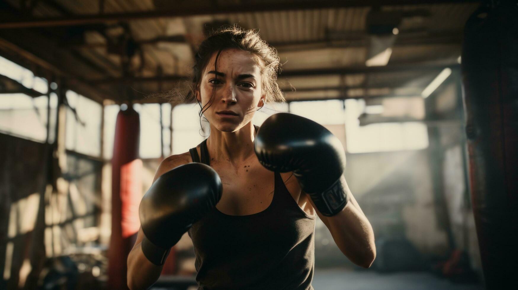 AI generated A woman boxing with a punching bag, with a gritty, industrial setting in the background photo