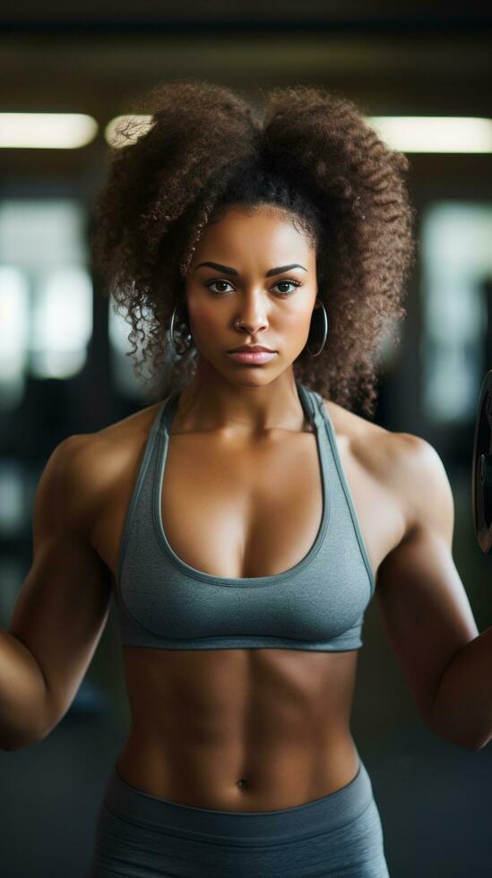 ai generado un mujer en rutina de ejercicio ropa levantamiento pesos a el gimnasia, con un determinado expresión en su rostro. foto