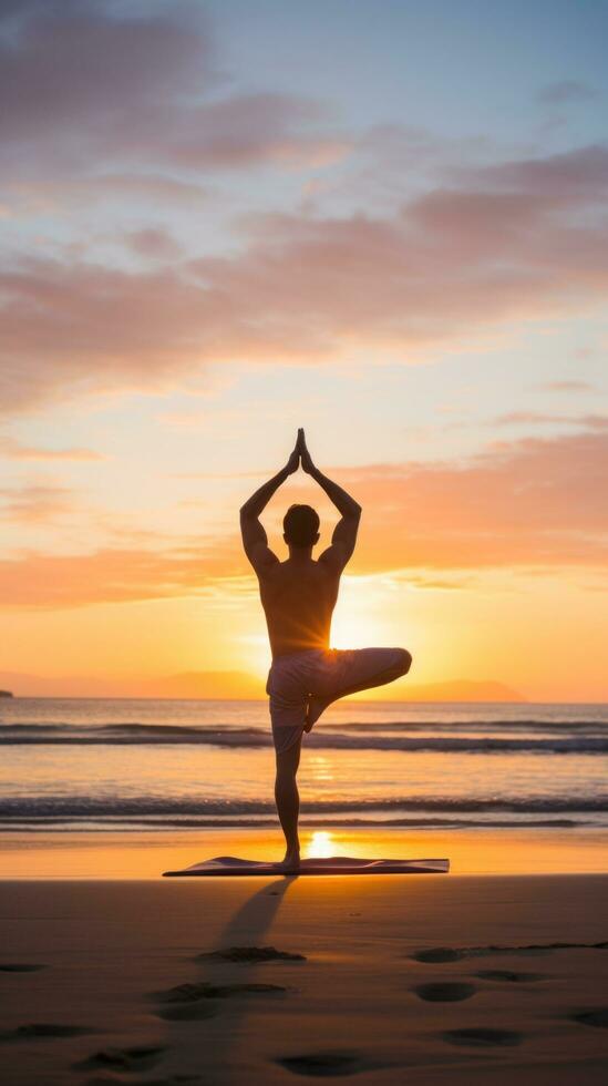 AI generated A man doing yoga on a beach, with the ocean and sunrise in the background photo