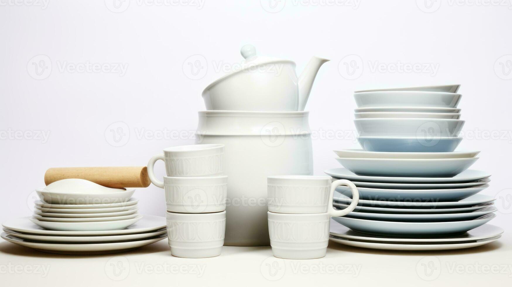 ai generado porcelana elegancia - muchos cerámico platos, tetera y tazas en blanco antecedentes. foto