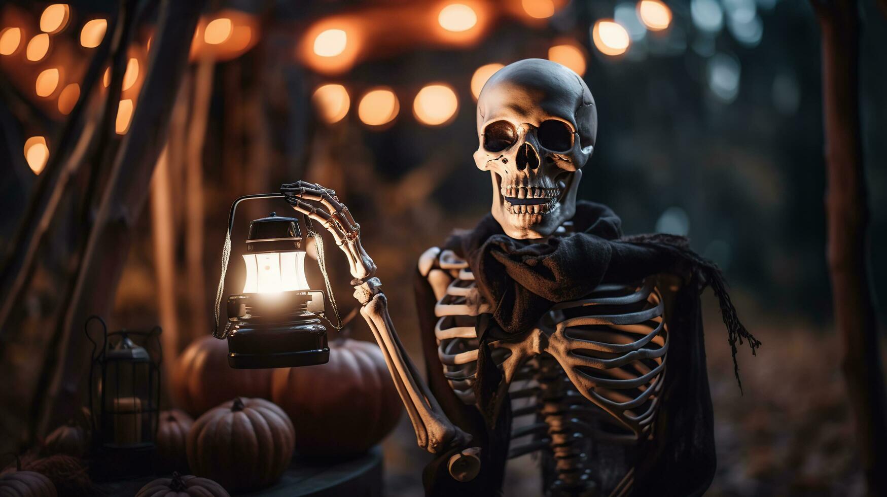 AI generated a skeleton holding a lantern in front of a pumpkin photo