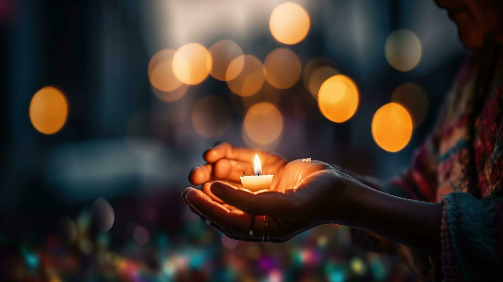 AI generated Hands Holding Candle With Shining Flame And Blurry Lights - Defocused Hope Concept photo
