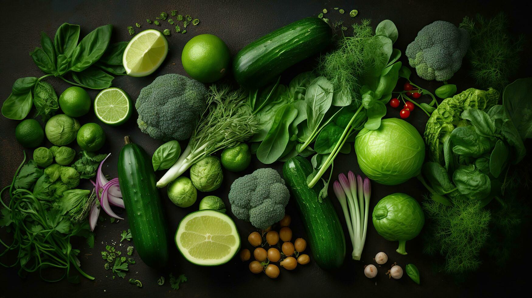 AI generated Raw healthy food clean eating vegetables on dark stone background, top view photo