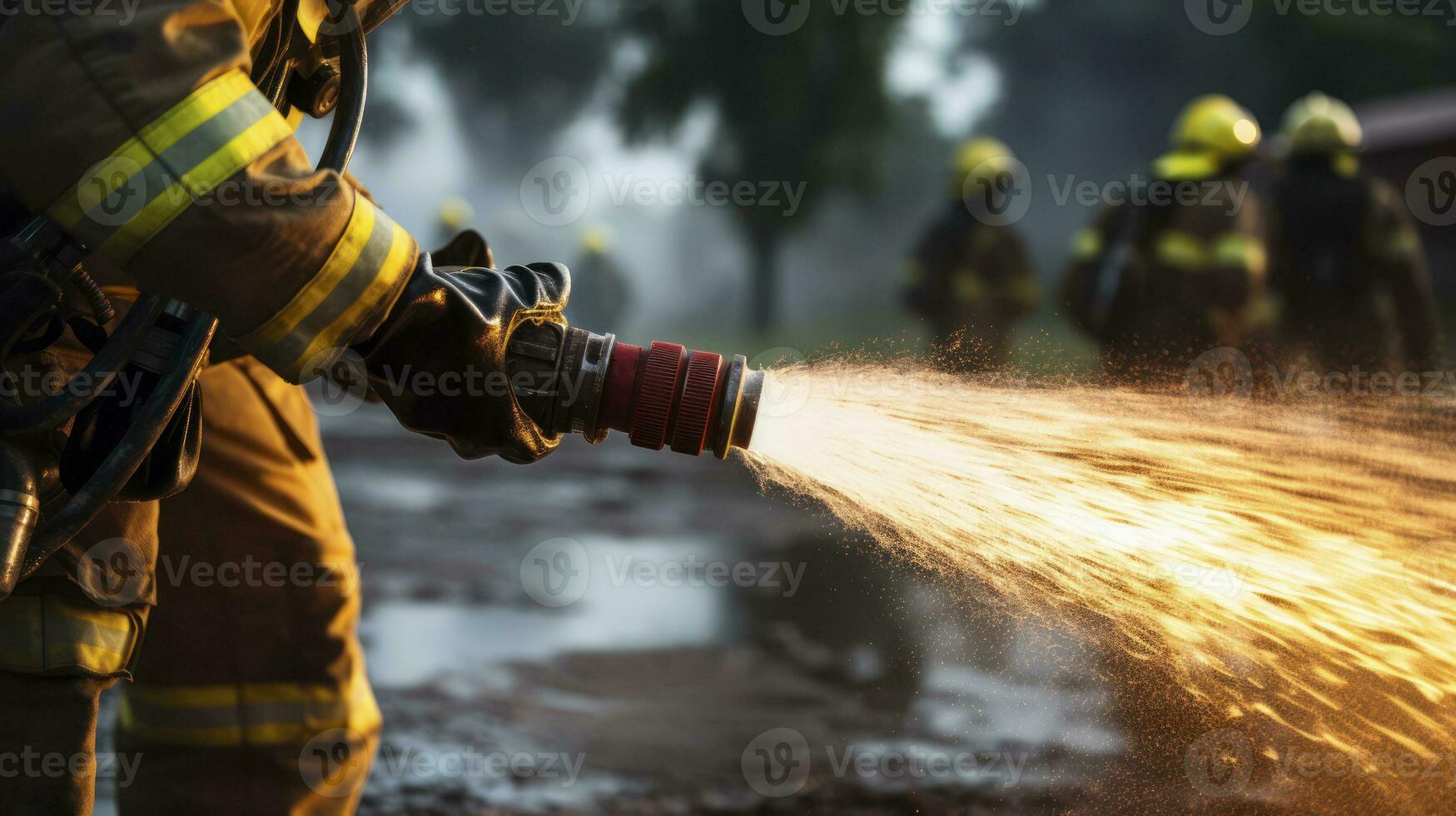 A squad of bulky firefighters in heavy coated turnout gear clutching  high-pressure hoses mounted on their fire truck, rushing towards a raging  4-alarm warehouse fire. Generative AI 31550966 Stock Photo at Vecteezy