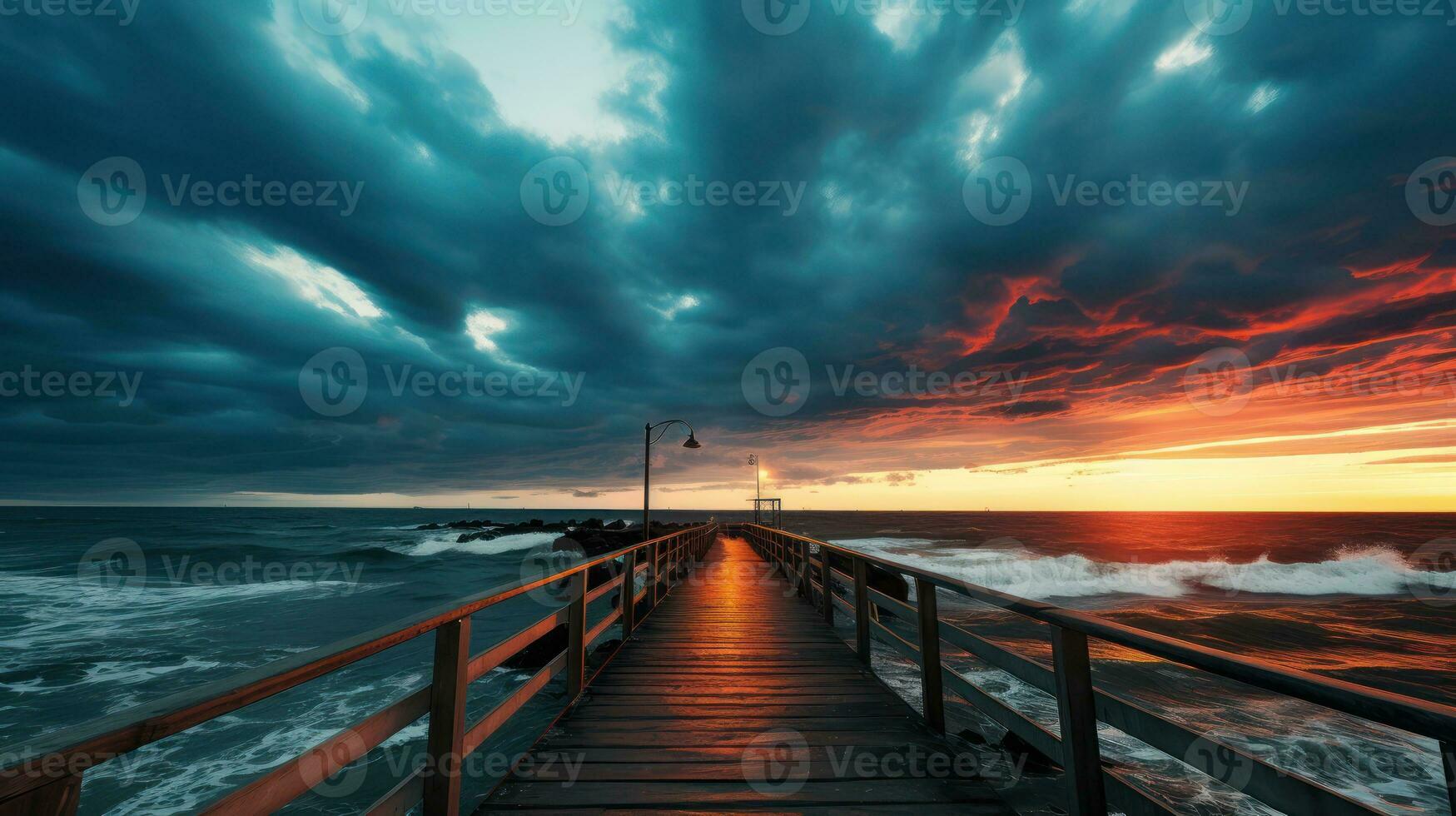 AI generated The Pier Stands Silent Beneath the Menacing Beauty of a Stormy Sky at Dusk photo