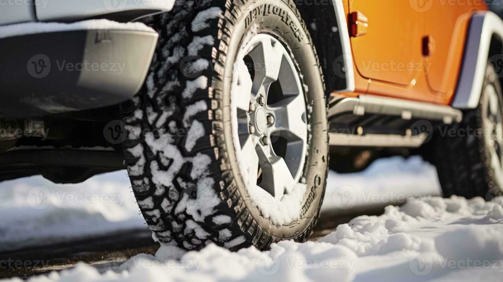 AI generated A Close-Up Look at Winter Tires Blanketed in Snow, Capturing Their Robust Design photo