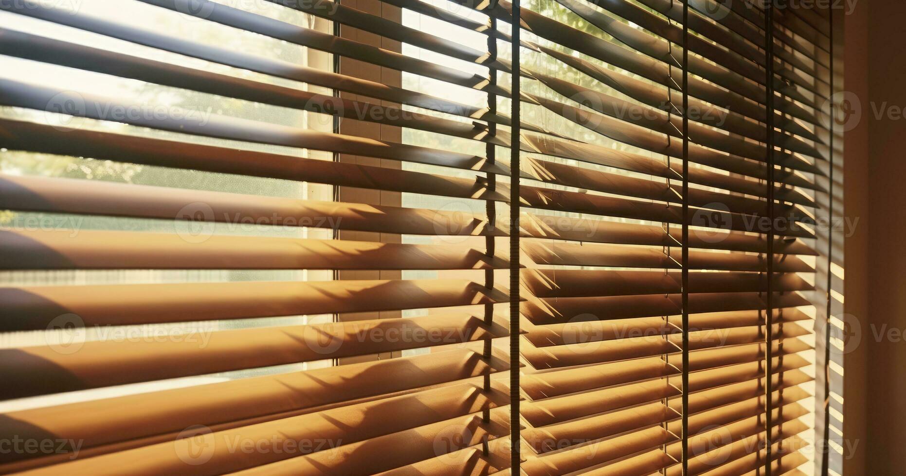 ai generado el estético seducir de noche luz de sol bailando en de madera ventana persianas foto