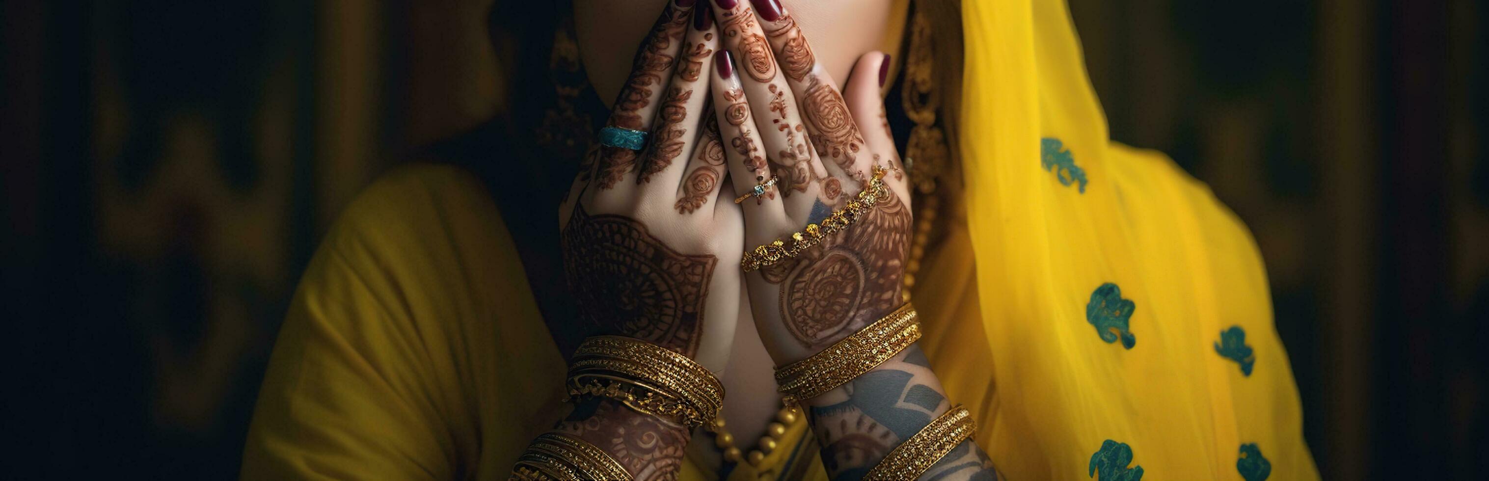 ai generado hermosa indio muchacha. joven hindú mujer modelo con tatuaje mehndi y kundan joyas. tradicional indio disfraz amarillo sari foto