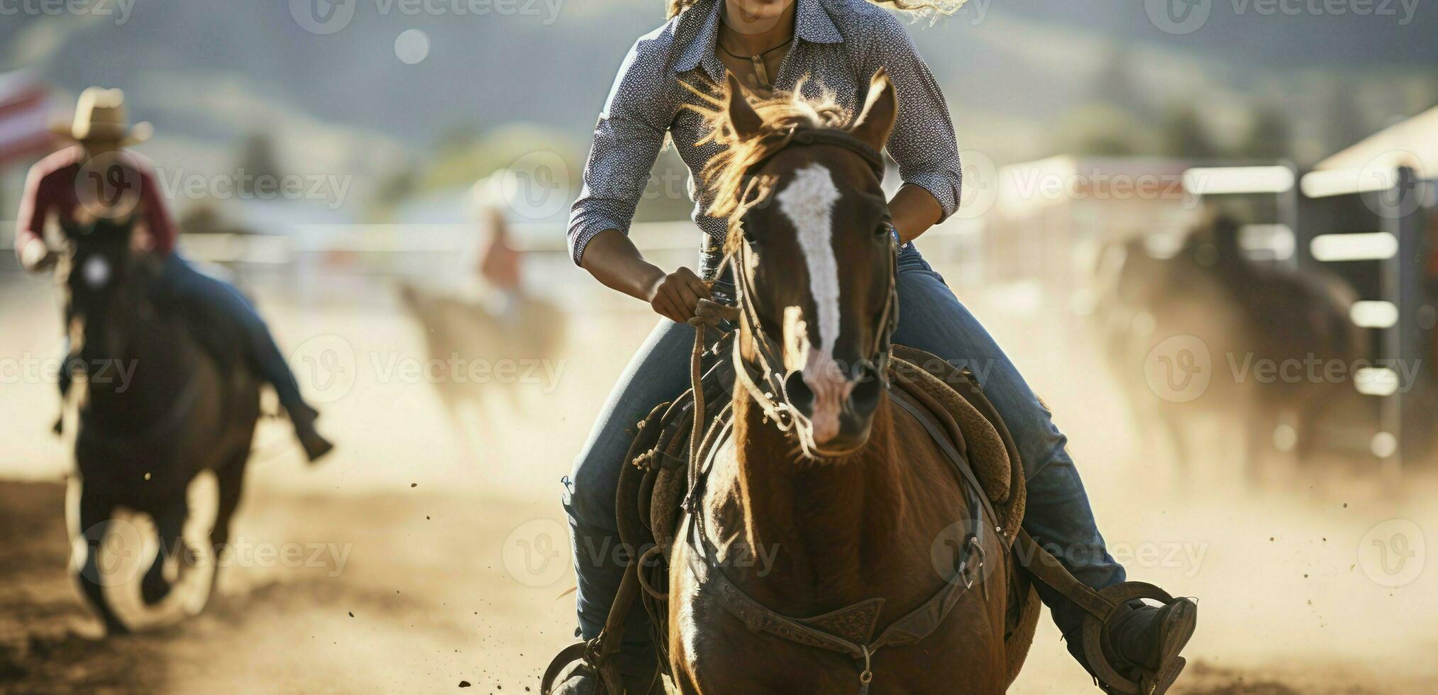 AI generated Cowgirls Displaying Expertise and Finesse in the Action-Packed Barrel Riding Segment at a Rodeo Extravaganza photo