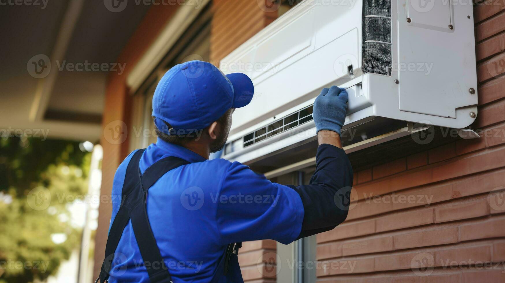 AI generated Rear View A Young Professional in Blue Overalls Masterfully Handling Air Conditioning Repairs and Installations photo