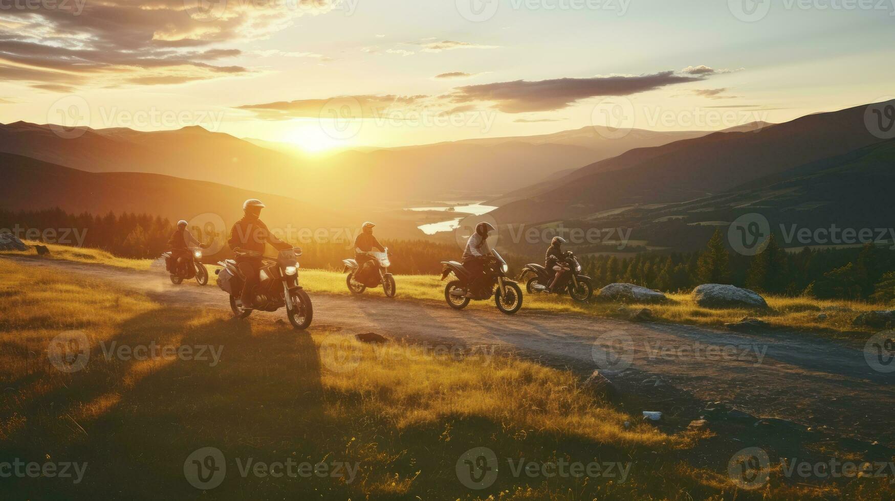 AI generated Evening's Epic Ride - Capturing the Picturesque Drama of a Group of Bikers Against the Dusky Glow photo