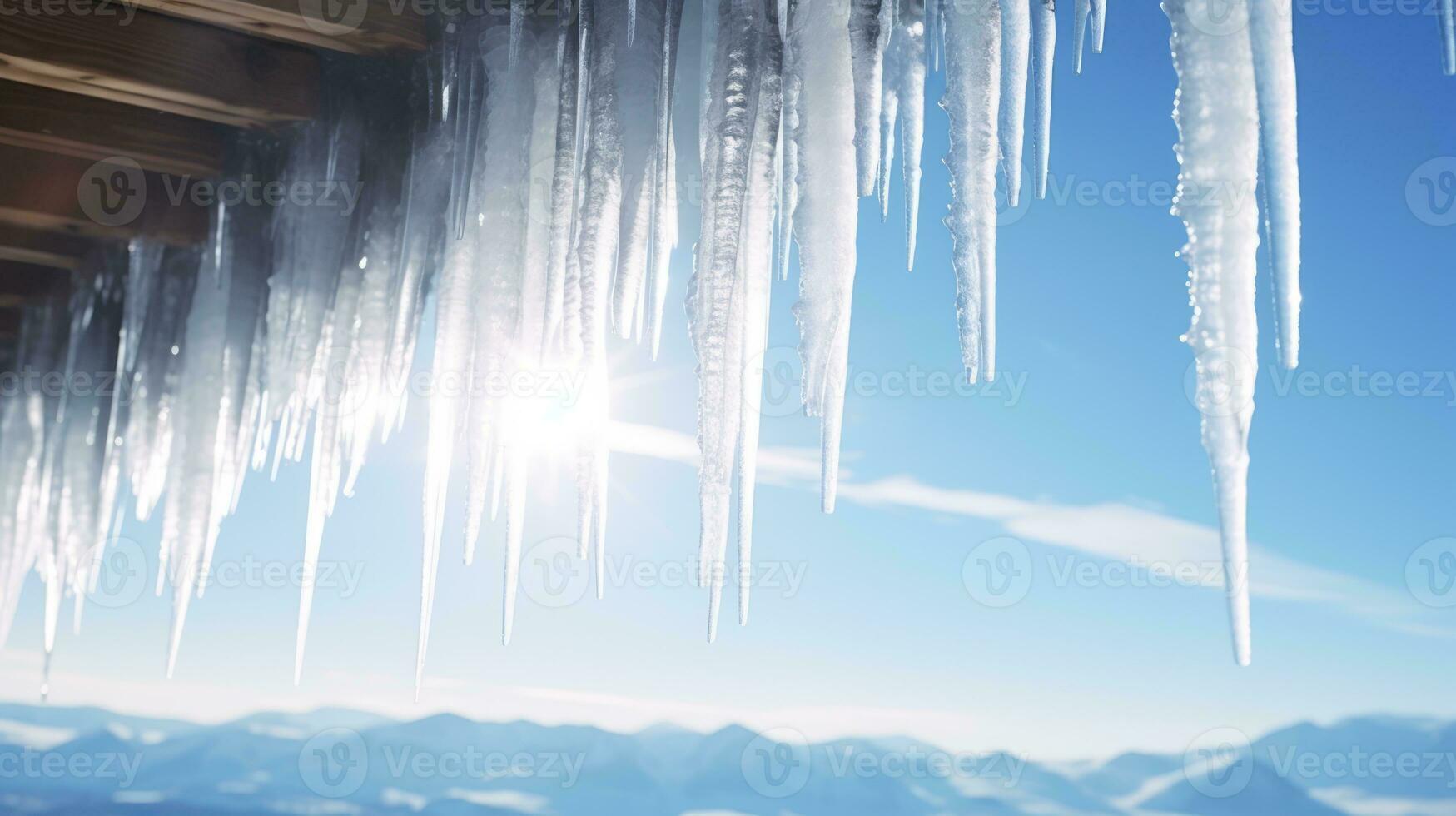 AI generated Winter's Jewels - A lot of icicles over blue sky. photo