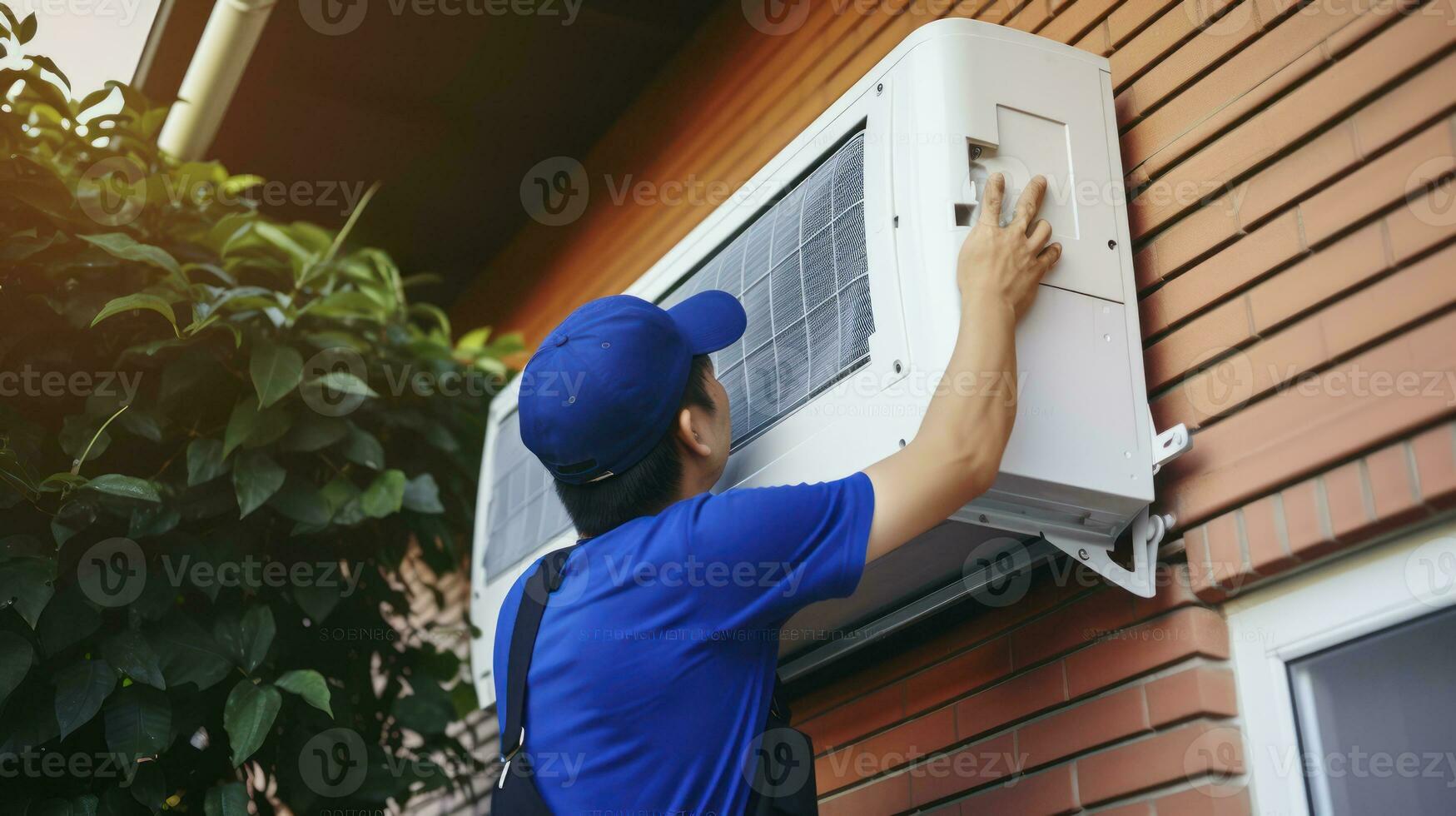 AI generated A Young Man in Blue Overalls at Work, Skillfully Repairing and Installing Air Conditioning Units photo