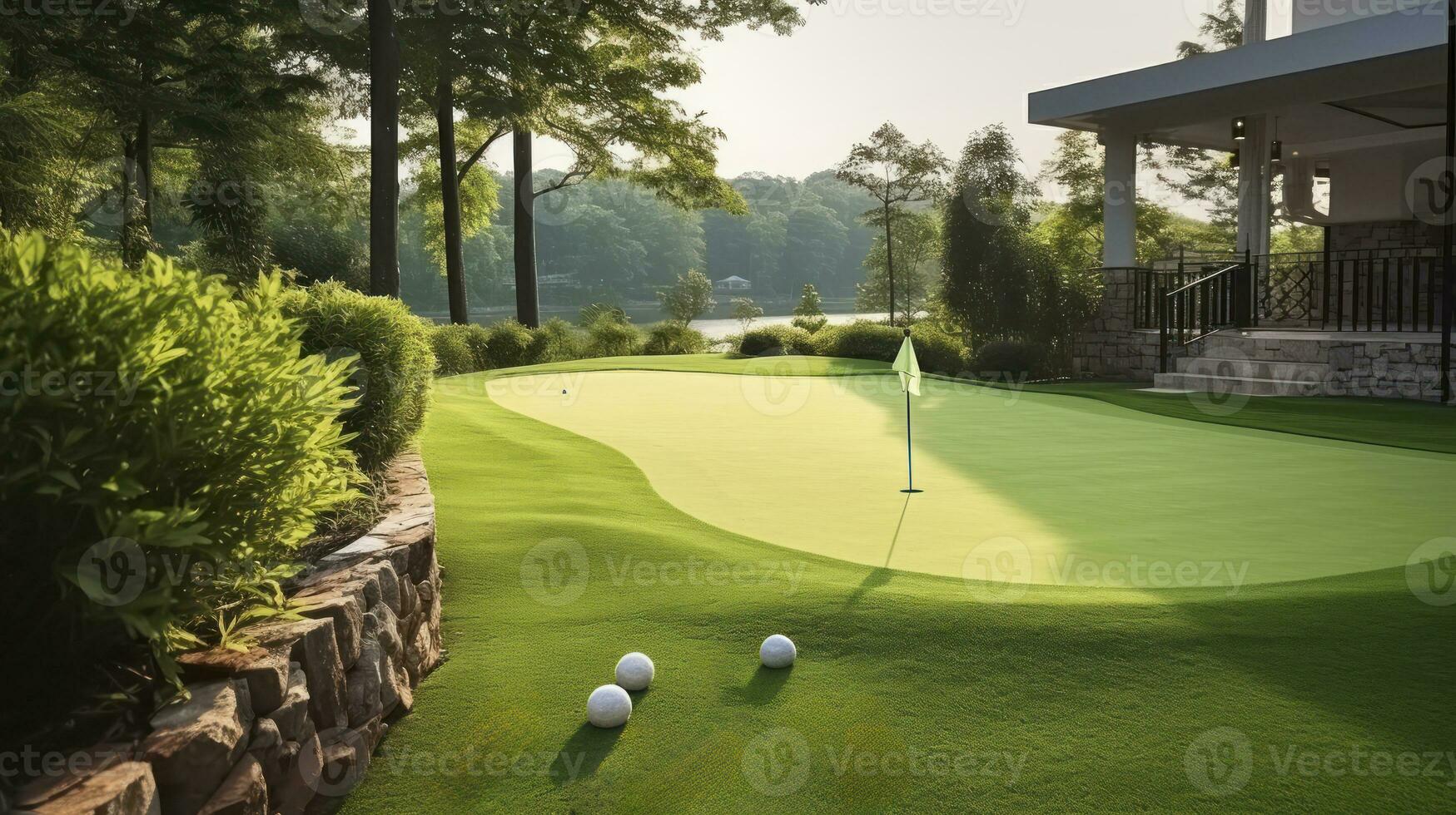 AI generated Backyard Greens - Home golf course, architecture design of grass field around home, artificial grass photo