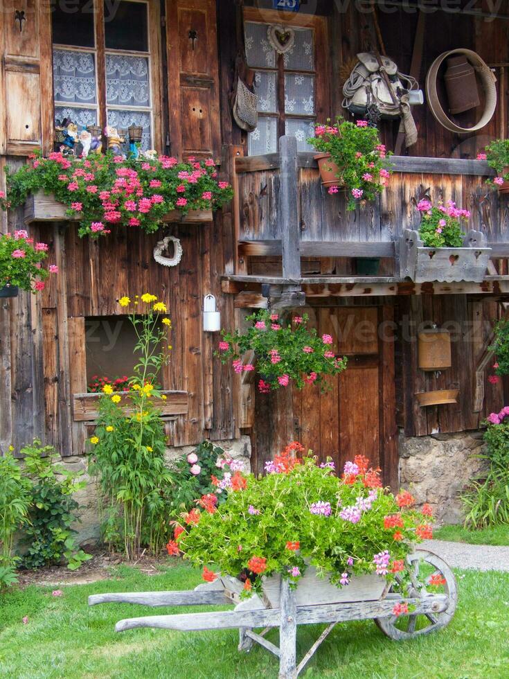 a wooden house with flowers photo