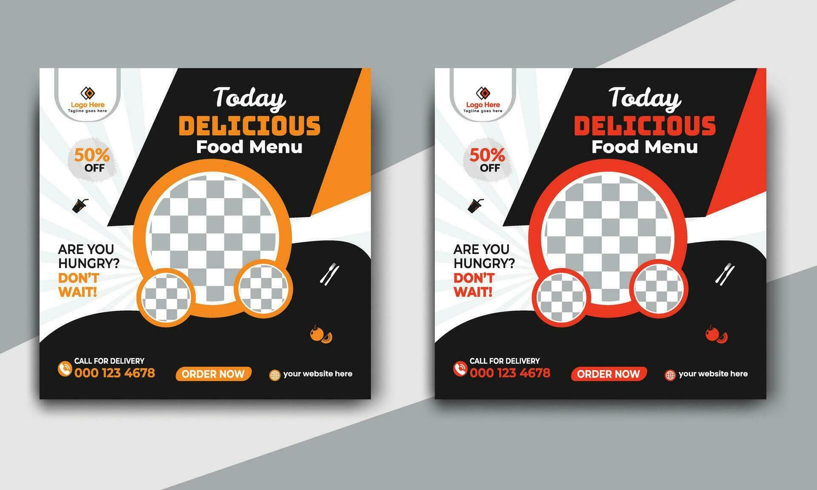 Fast food restaurant business marketing social media post or web banner template design with abstract background. Fresh pizza, burger and online sale promotion flyer or poster design. vector