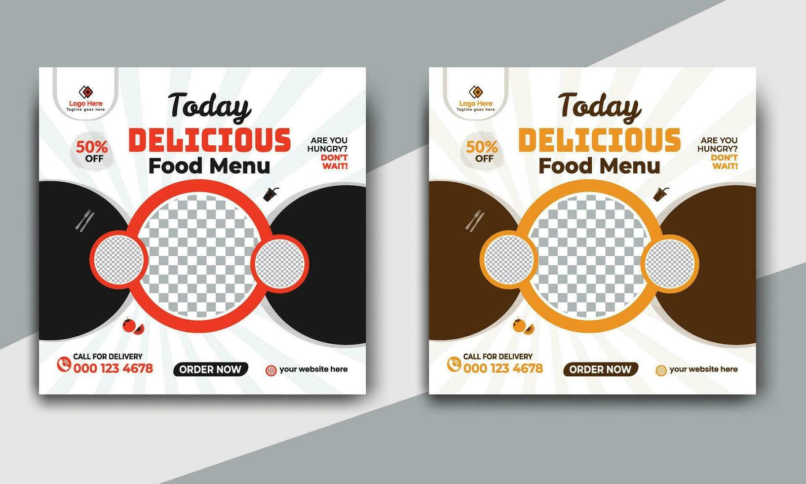 Fast food restaurant business marketing social media post or web banner template design with abstract background. Fresh pizza, burger and online sale promotion flyer vector