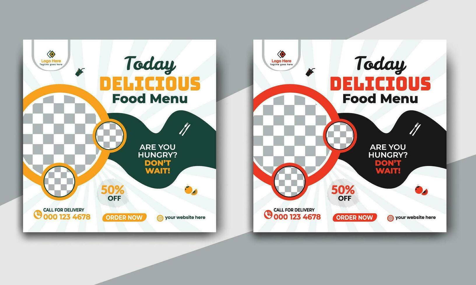 Fast food restaurant business marketing social media post or web banner template design with abstract background. Fresh pizza, burger and online sale promotion flyer or poster design. vector