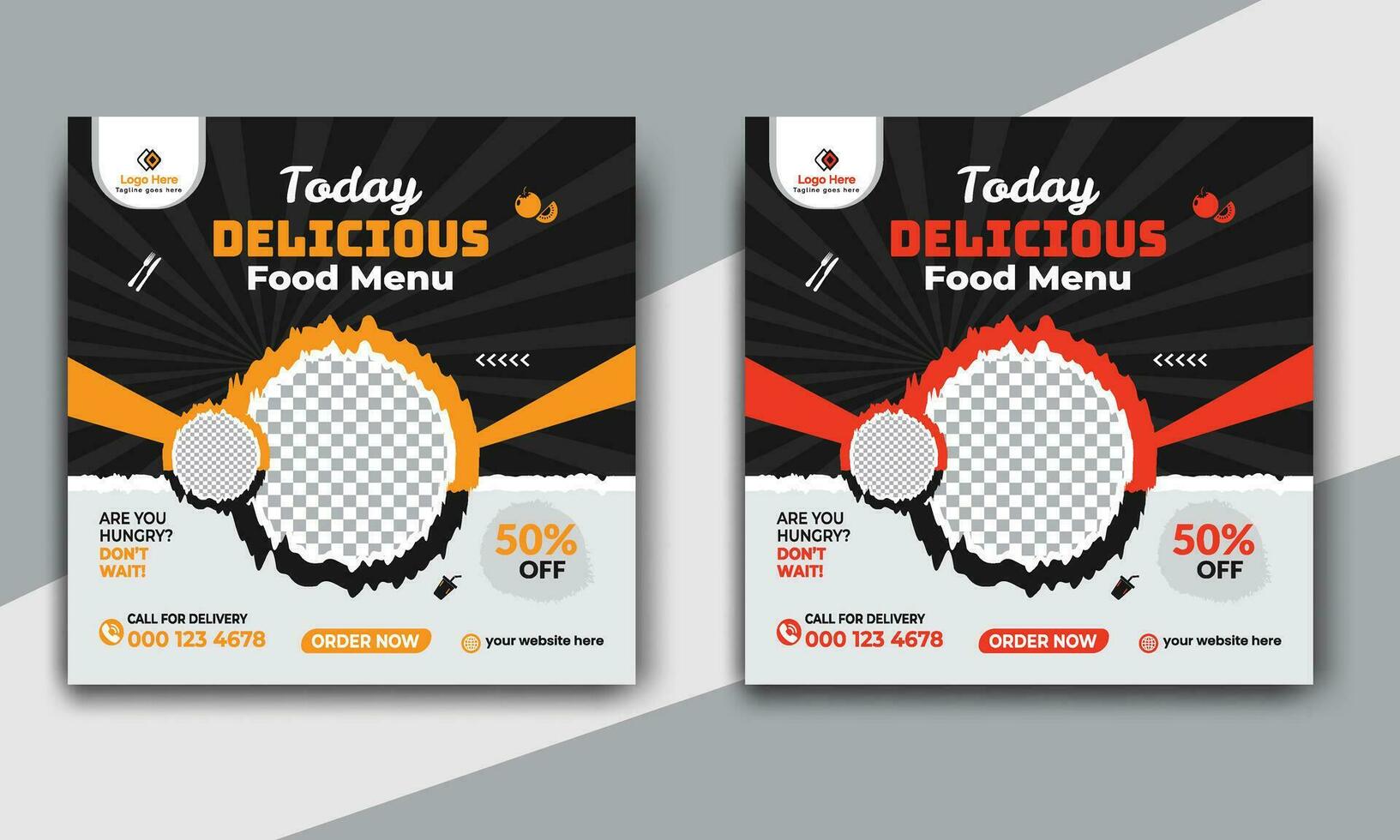Fast food restaurant business marketing social media post or web banner template design with abstract background. Fresh pizza, burger and online sale promotion flyer vector
