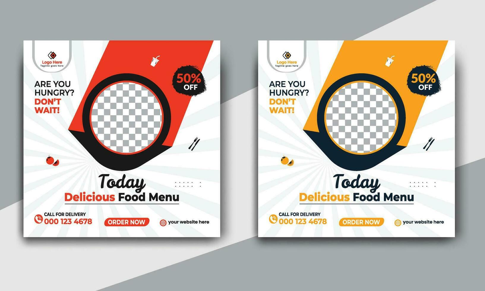 Fast food restaurant business marketing social media post or web banner template design with abstract background. Fresh pizza, burger and online sale promotion flyer or poster design. vector