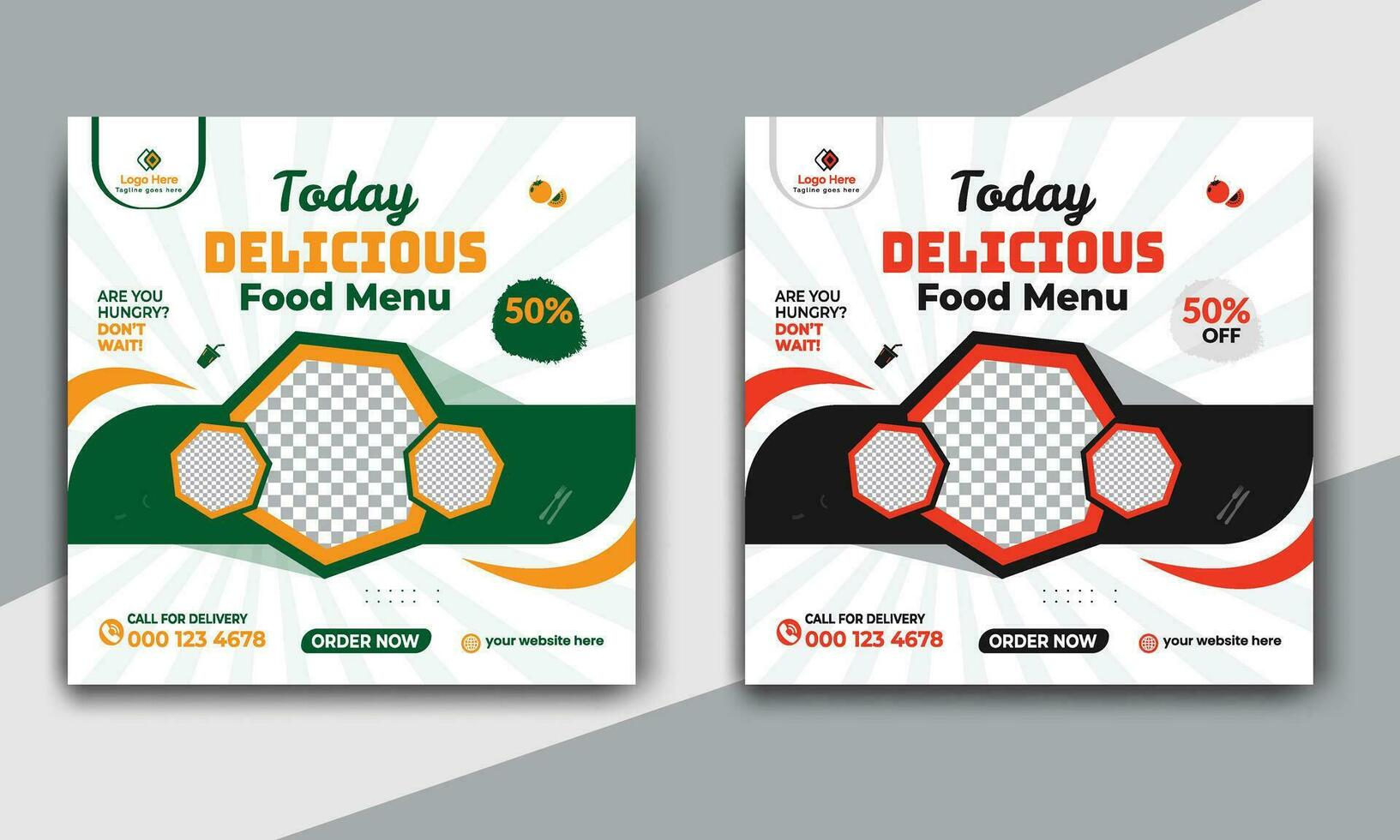 Fast food restaurant business marketing social media post or web banner template design with abstract background. Fresh pizza, burger and online sale promotion flyer vector