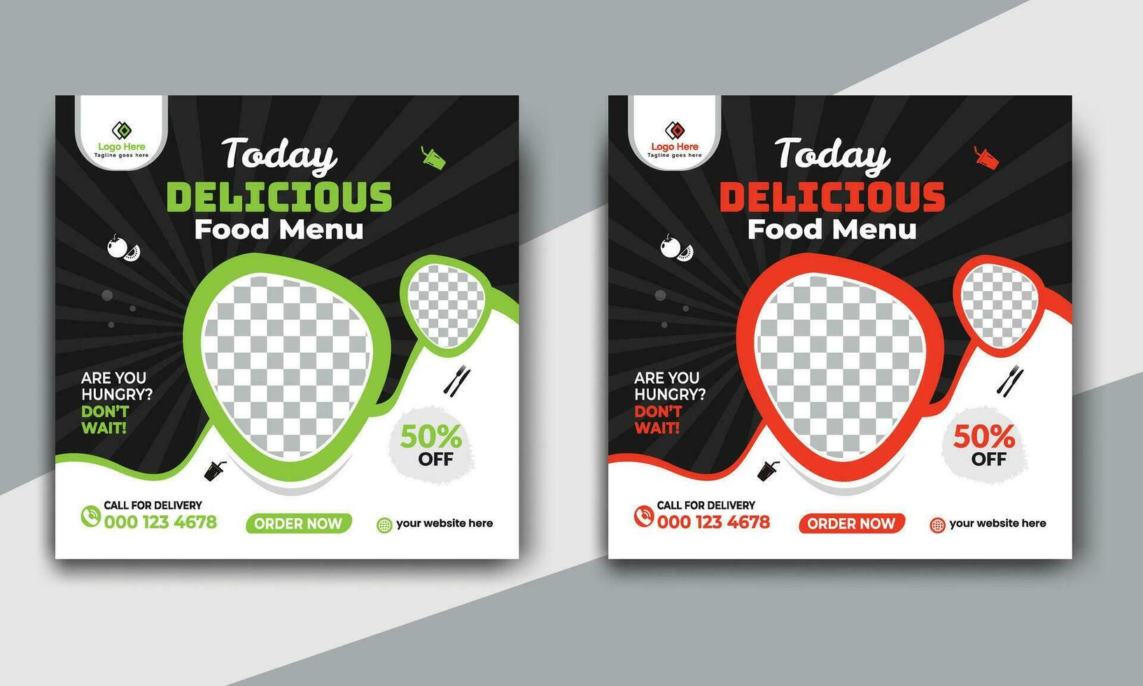 Fast food restaurant business marketing social media post or web banner template design with abstract background. Fresh pizza, burger and online sale promotion flyer vector