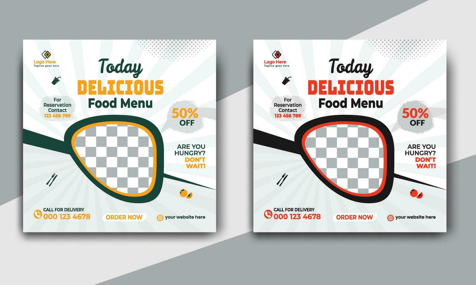 rápido comida restaurante negocio márketing social medios de comunicación enviar o web bandera modelo diseño con resumen antecedentes. Fresco pizza, hamburguesa y en línea rebaja promoción volantes o póster diseño. vector