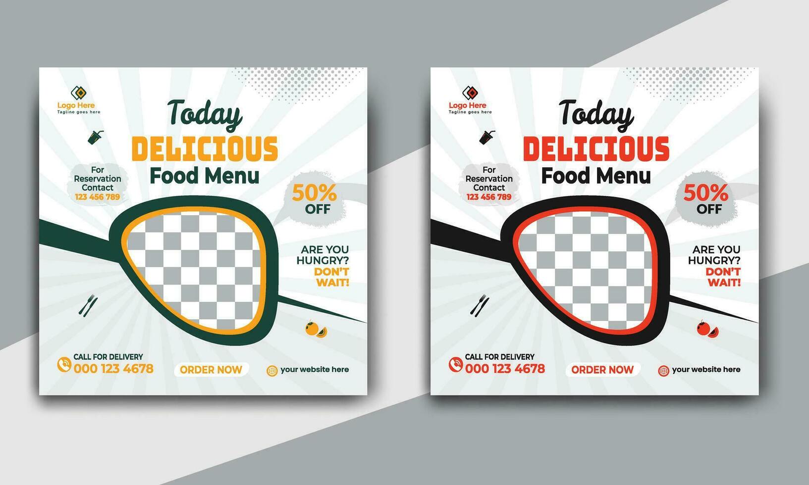 Fast food restaurant business marketing social media post or web banner template design with abstract background. Fresh pizza, burger and online sale promotion flyer or poster design. vector