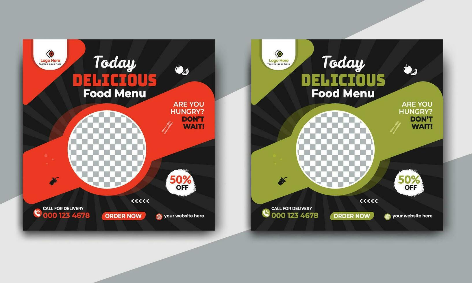 Fast food restaurant business marketing social media post or web banner template design with abstract background. Fresh pizza, burger and online sale promotion flyer vector