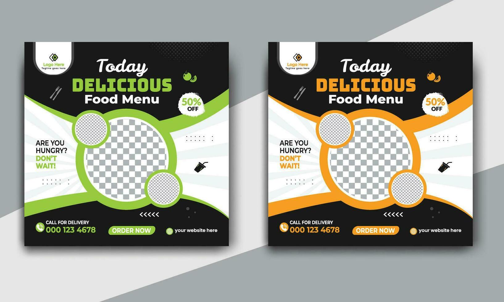 Fast food restaurant business marketing social media post or web banner template design with abstract background. Fresh pizza, burger and online sale promotion flyer vector