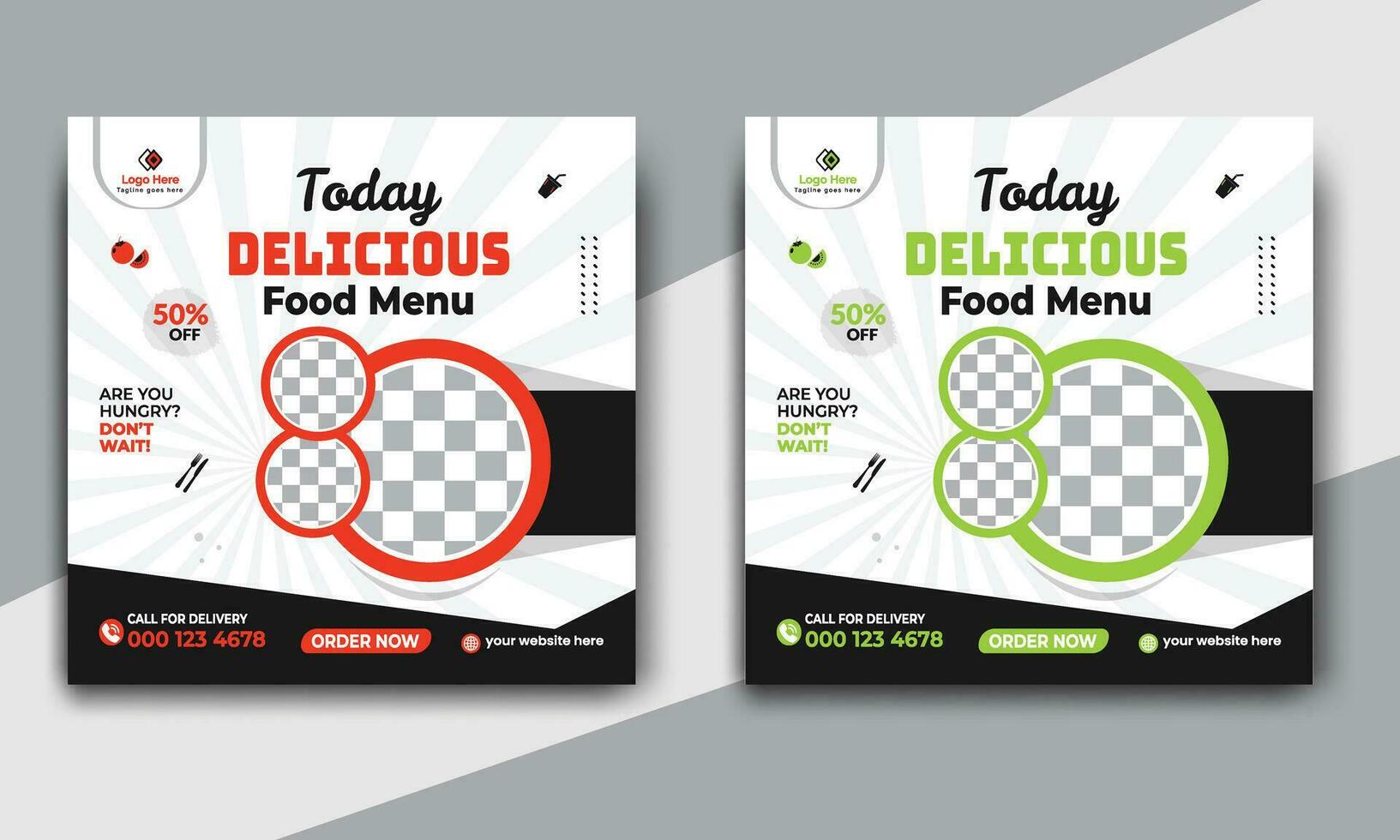 Fast food restaurant business marketing social media post or web banner template design with abstract background. Fresh pizza, burger and online sale promotion flyer or poster design. vector