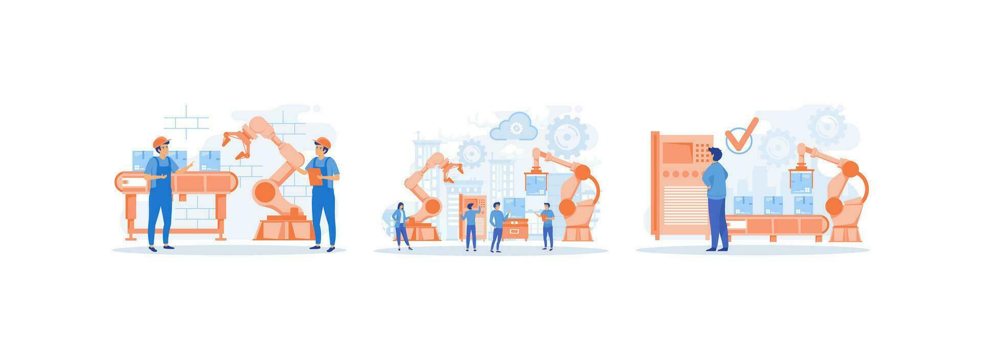 Smart industry, Smart Factory and working person using wireless technology to control,  engineer working. Smart industry  set flat vector modern illustration