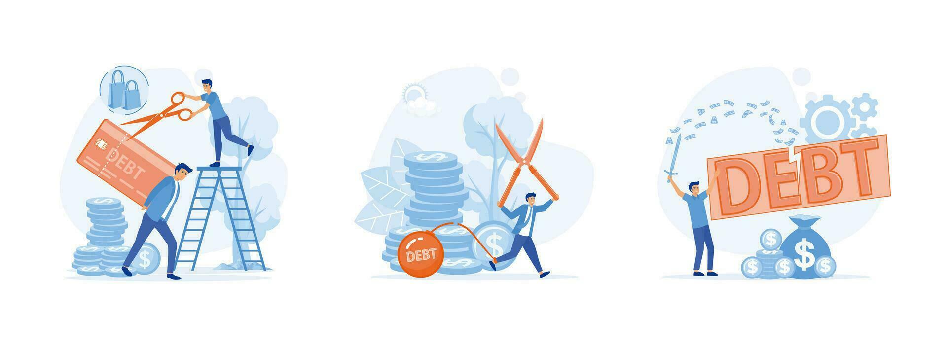 Credit Card Debt. Businessman use pliers to cut the chain and free himself from debt metal ball. Reduce, slice and get rid of debt. Cut debt set flat vector modern illustration