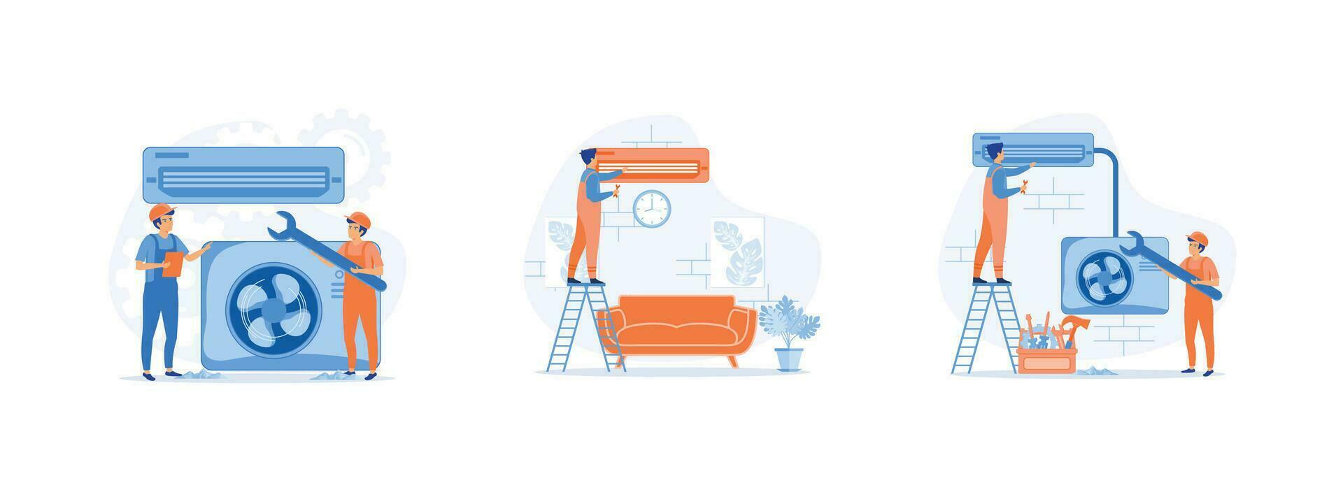 Professional service for repair of air conditioners, Maintenance Service, Cooling System, Air Conditioner Repair or Installation Illustration with Unit Breakdown. vector
