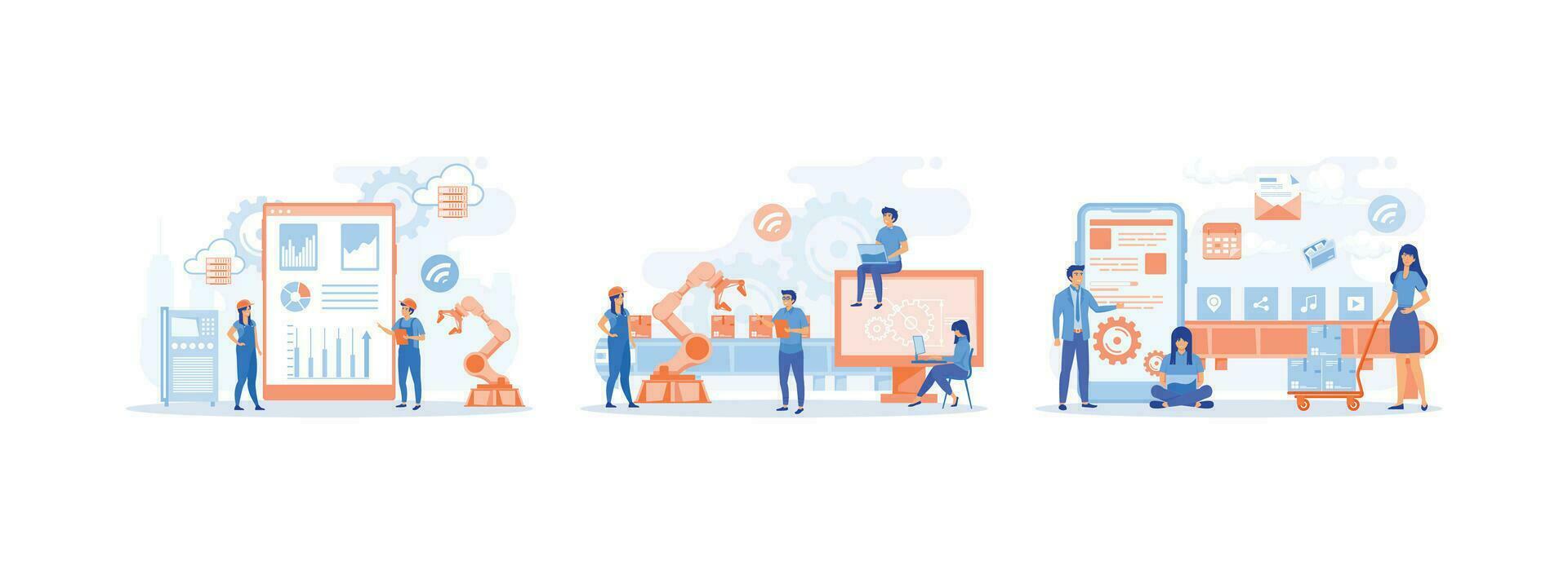 Smart Factory.Smart industry. Connecting, loading a smart phone and sharing media data with a system. Smart industry set flat vector modern illustration