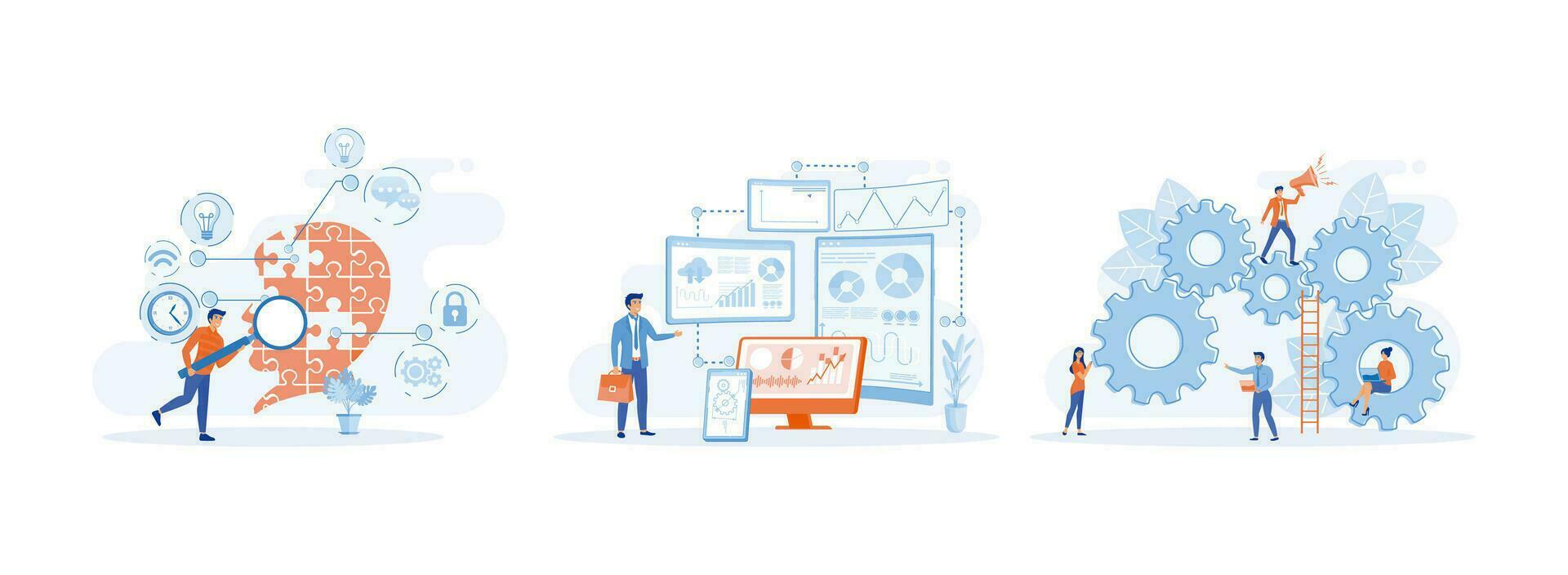 Digital transformation. Data Analysis and Digitization,  Businessman employee working with laptop on gears. Digital Transformation set  flat vector modern illustration
