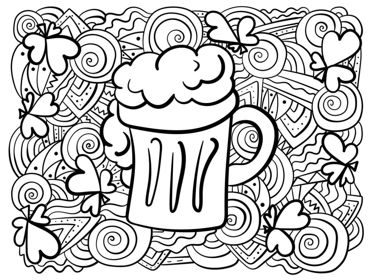 Meditative horizontal coloring page with a glass of beer, clover shamrocks and ornate patterns for activity vector