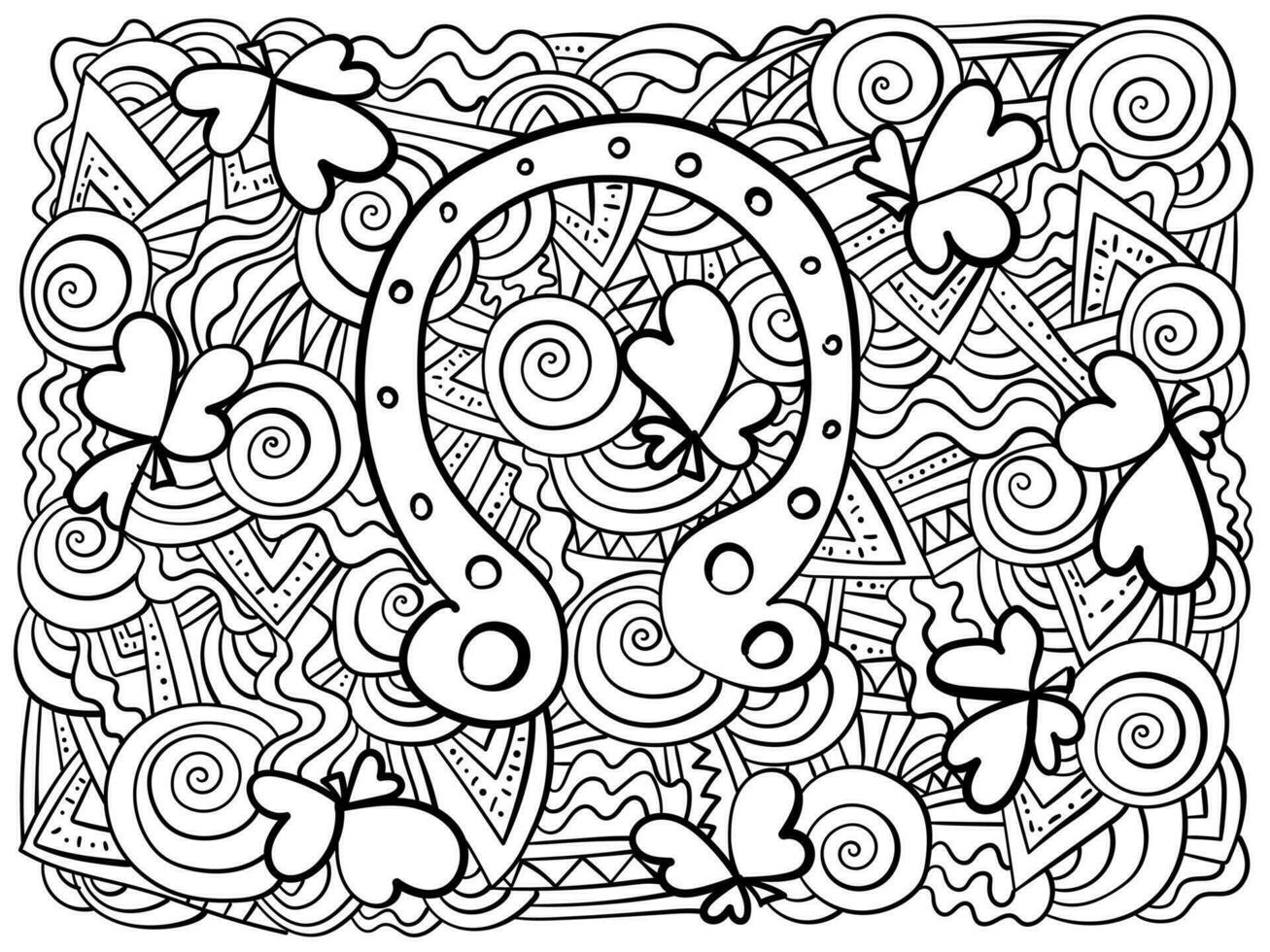 Horizontal doodle coloring book with good luck symbols - horseshoe and clover shamrocks, meditative colouring page for St. Patrick's Day vector