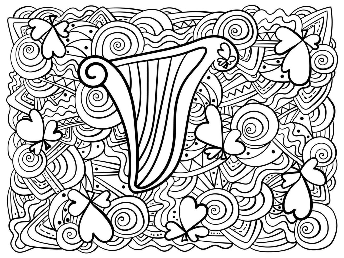 Meditative horizontal coloring page with harp clover shamrocks and ornate patterns for festive activity vector