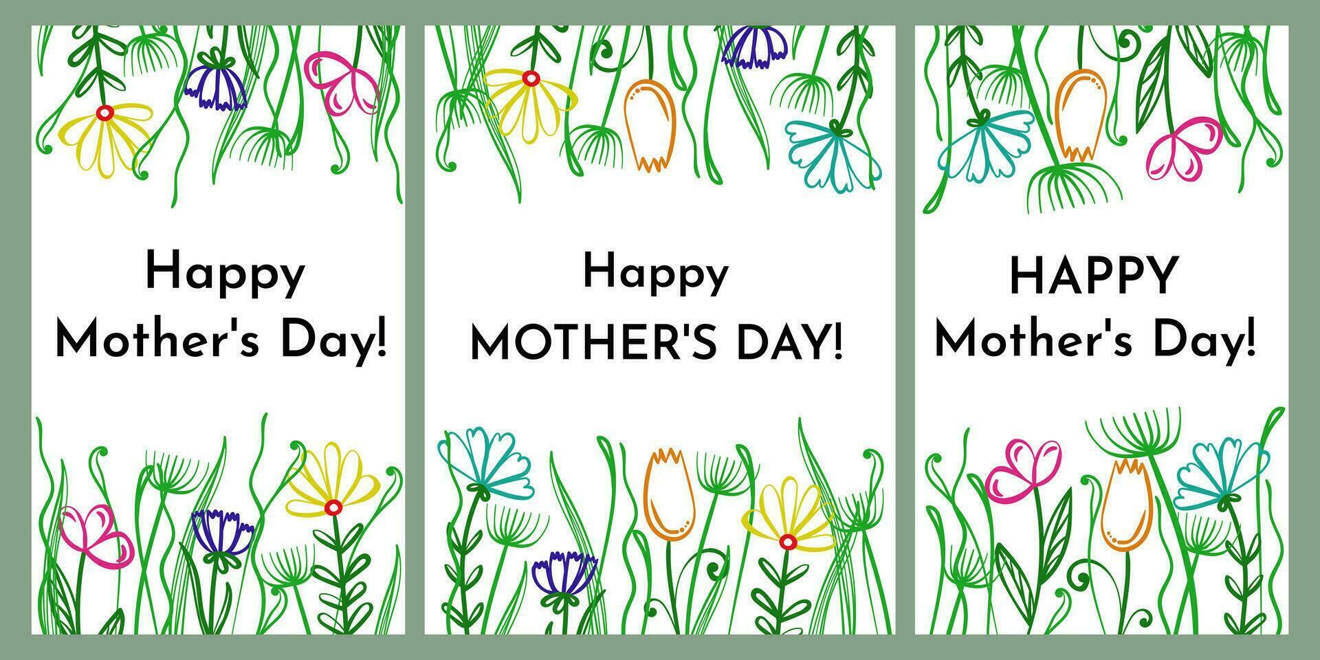 Happy mother's day, set of holiday cards with doodle flowers and leaves vector