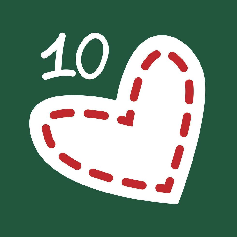 Navidad adviento calendario en el estilo de minimalismo, plano poner. día 10 con un sintió corazón en verde antecedentes vector